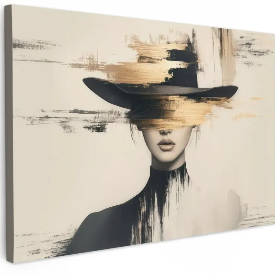 Canvas Schilderij 120x80 cm Vrouw - Hoed - Verf