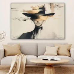 Canvas Schilderij 120x80 cm Vrouw - Hoed - Verf