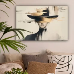 Canvas Schilderij 90x60 cm Vrouw - Hoed - Verf