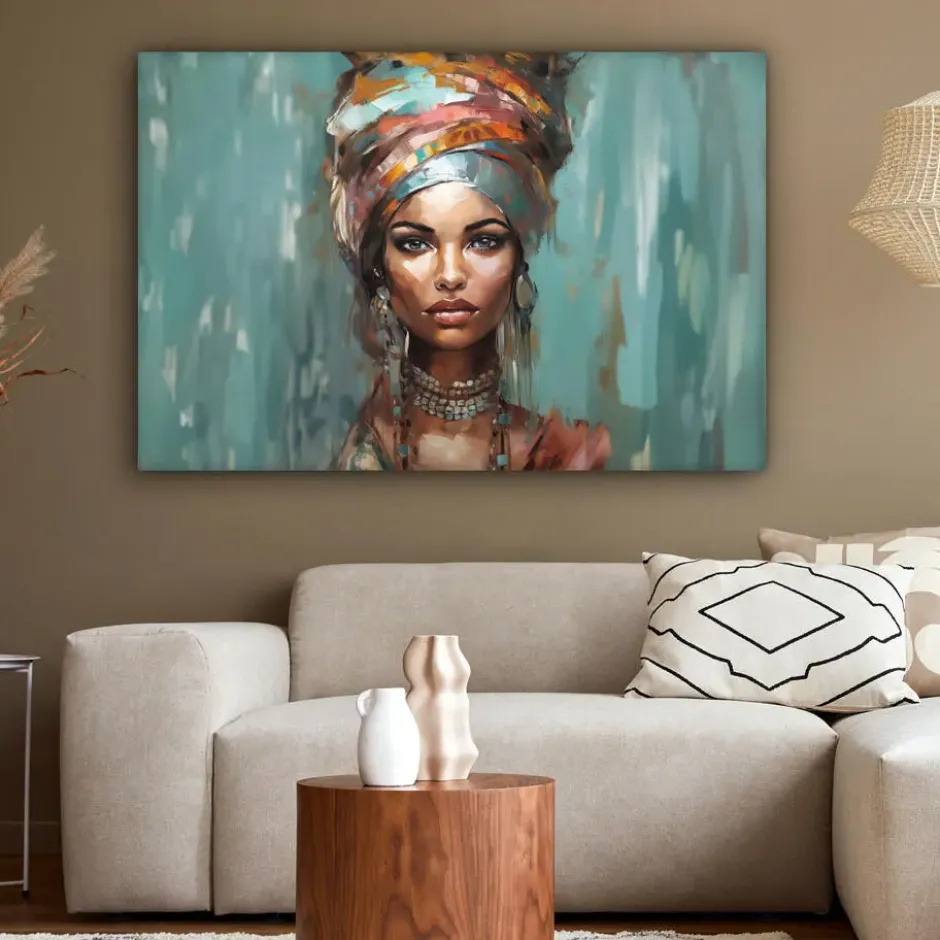 Canvas Schilderij 120x80 cm Vrouw - Kunst - Sieraden - Portret