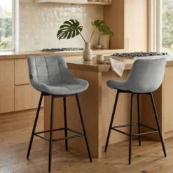 CLP Barkruk Weston zwart Frame - Fluweel - grijs