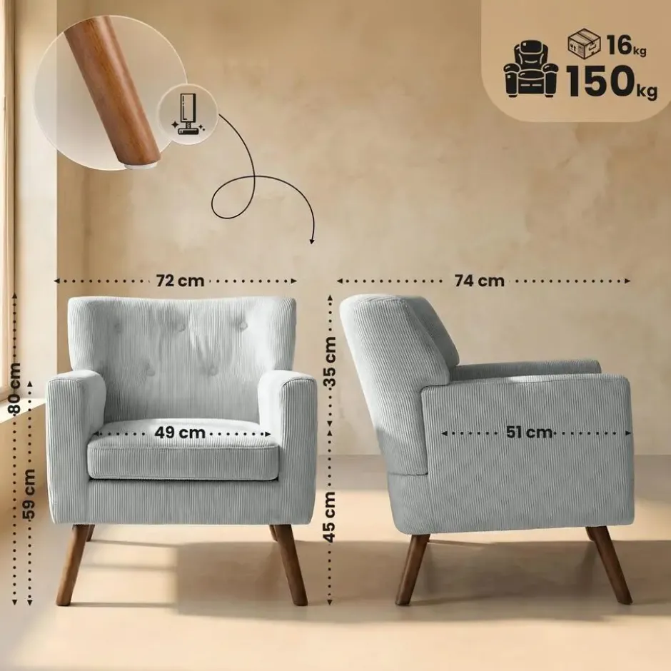 CLP Fauteuil Kioni bruin Frame - Ribstof - grijs