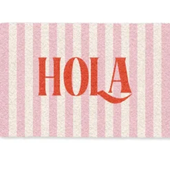 Deurmat 90x60 cm Hola - Quote - Strepen - Pastel - Roze - Rood - Wit