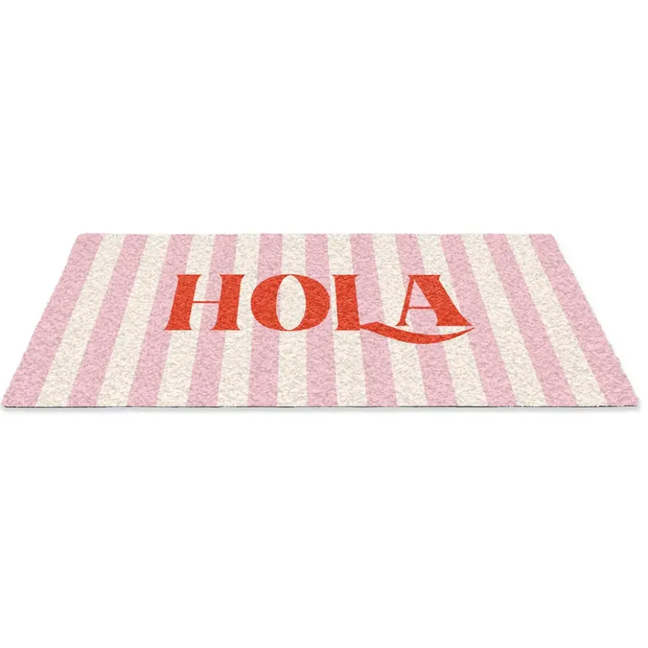Deurmat 90x60 cm Hola - Quote - Strepen - Pastel - Roze - Rood - Wit