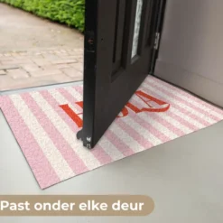 Deurmat 90x60 cm Hola - Quote - Strepen - Pastel - Roze - Rood - Wit