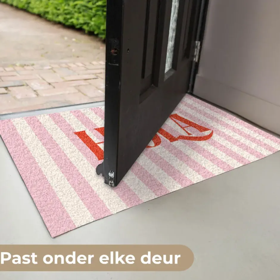 Deurmat 90x60 cm Hola - Quote - Strepen - Pastel - Roze - Rood - Wit