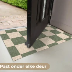 Deurmat 60x40 cm Schaakbord print - Groen - Beige - Blokjes