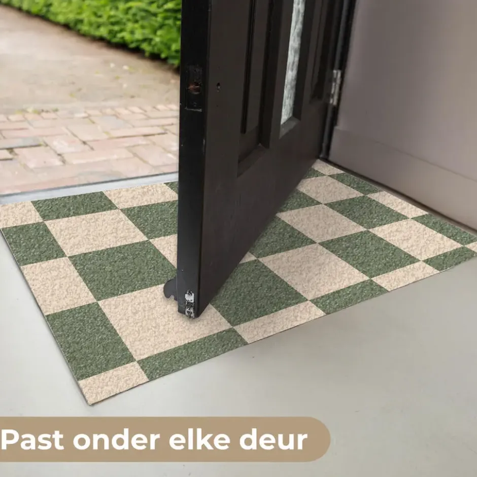 Deurmat 60x40 cm Schaakbord print - Groen - Beige - Blokjes
