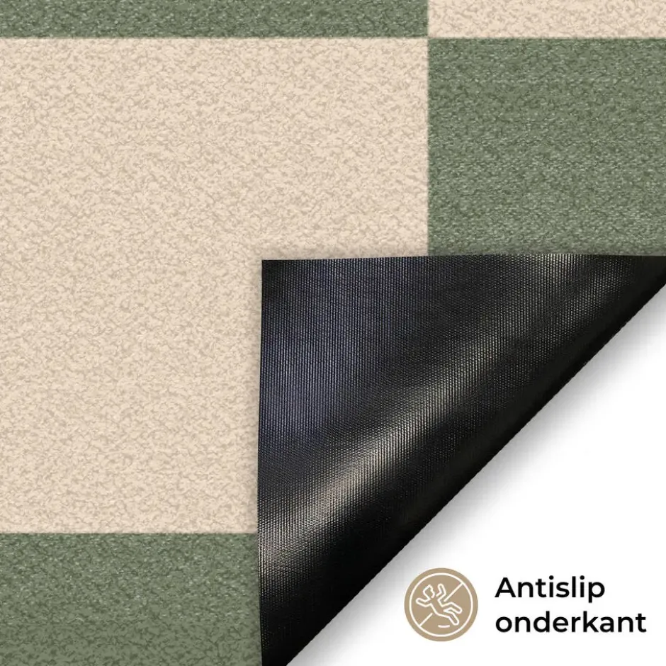 Deurmat 60x40 cm Schaakbord print - Groen - Beige - Blokjes