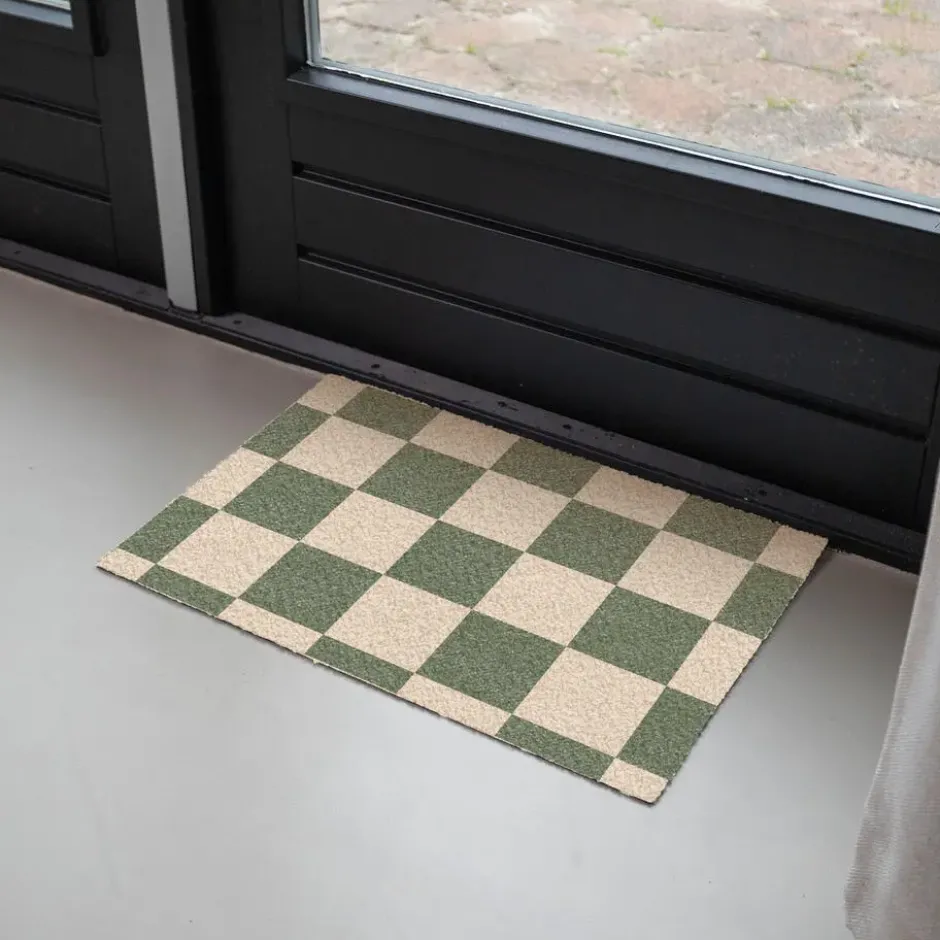 Deurmat 60x40 cm Schaakbord print - Groen - Beige - Blokjes