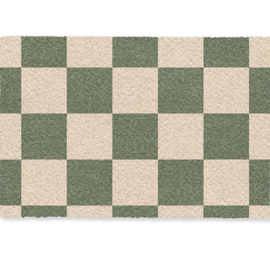 Deurmat 90x60 cm Schaakbord print - Groen - Beige - Blokjes