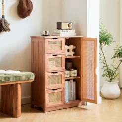 Dressoir opbergmeubel van notenhout en rotan
