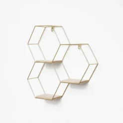 Driedubbel zeshoekig metalen wandrek met 3 houten plankjes - 40,5x41 cm - Goud