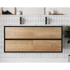 Dubbele wastafel LANNICK - 120 cmx45.6 cmx55 cm - Zwart Natuurlijk licht Hout