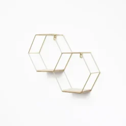 Dubbel zeshoekig metalen wandrek met 2 houten plankjes - 30,5x41 cm - Goud