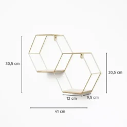 Dubbel zeshoekig metalen wandrek met 2 houten plankjes - 30,5x41 cm - Goud
