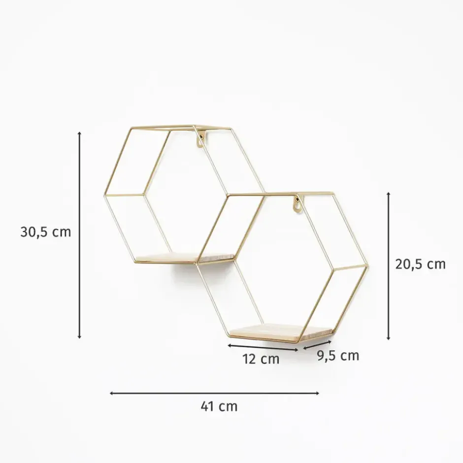 Dubbel zeshoekig metalen wandrek met 2 houten plankjes - 30,5x41 cm - Goud