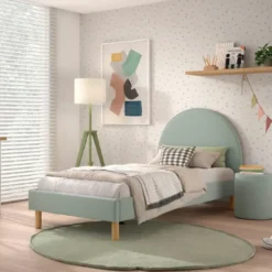 Eenpersoonsbed Maeva - 212x97x107 cm - Groene bouclé stof