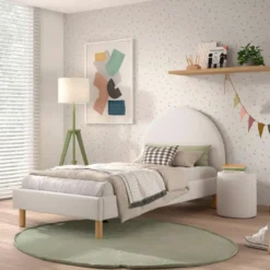 Eenpersoonsbed Maeva - 212x97x107 cm - Witte bouclé stof