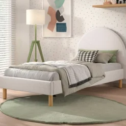 Eenpersoonsbed Maeva - 212x97x107 cm - Witte bouclé stof