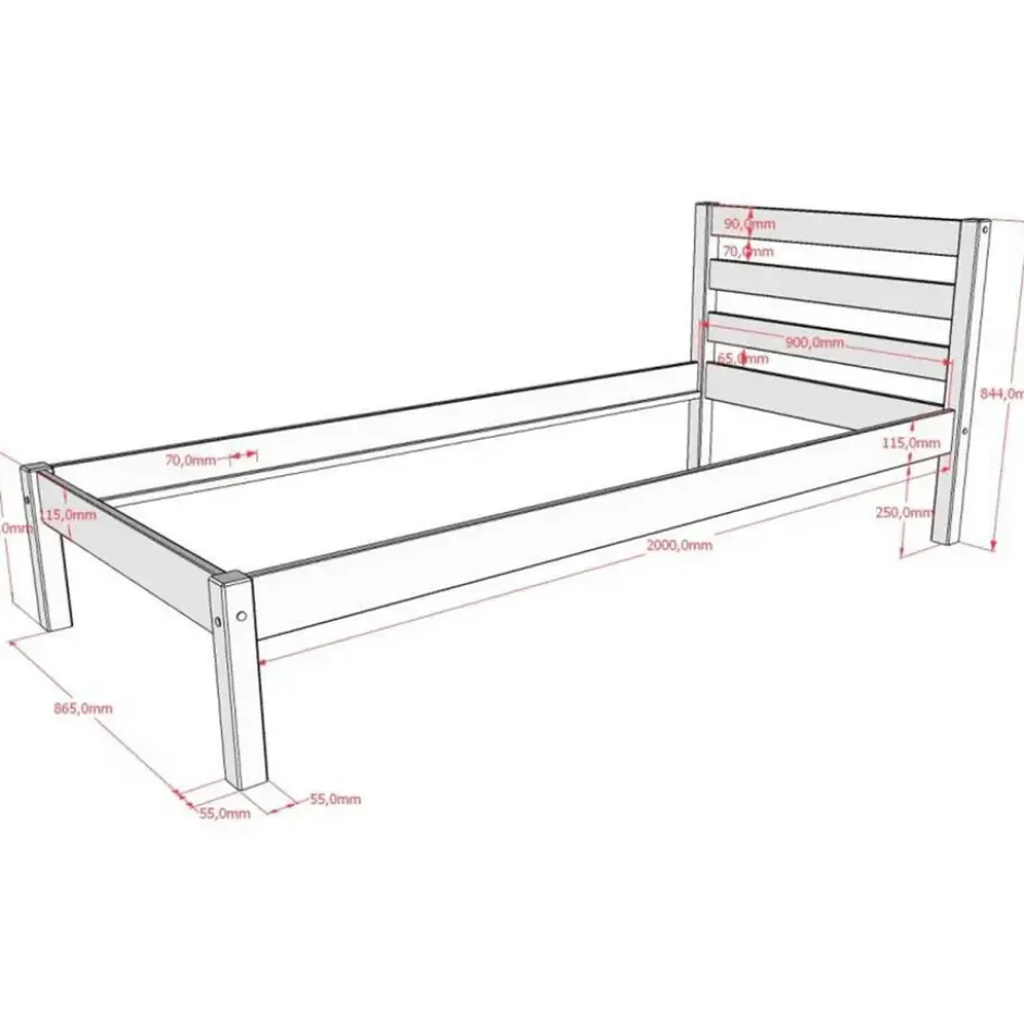 Eenpersoonsbed Pino 90x200cm - massief dennenhout