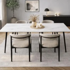 Eettafel Jules 150x80 cm marmerlook wit - Stoneware - Wit