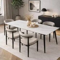 Eettafel Jules 150x80 cm marmerlook wit - Stoneware - Wit