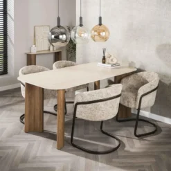 Eettafel Rechthoek Hout/Travertin - 180x90x76cm - Romano Curvo