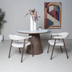 Eettafel Wit Keramiek/Walnoot - Ø115x77cm - Alba
