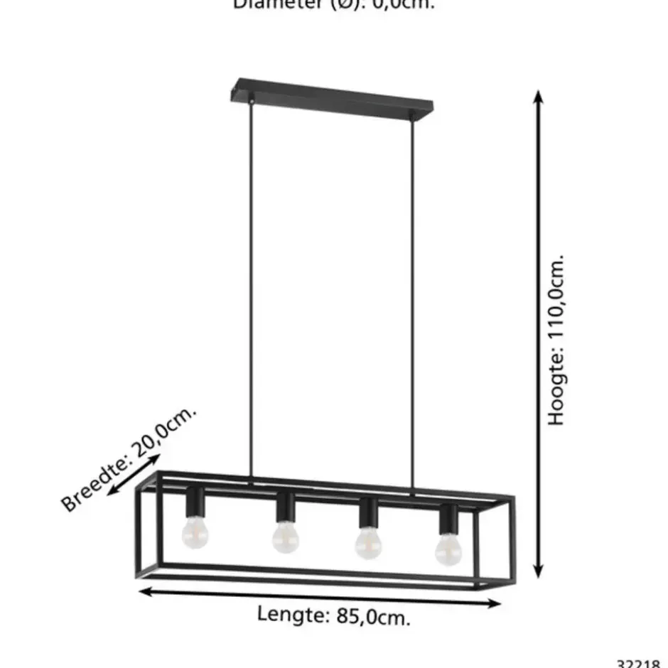 EGLO Eldrick Hanglamp - 4xE27 - 85 cm - industrieel - Staal - Zwart