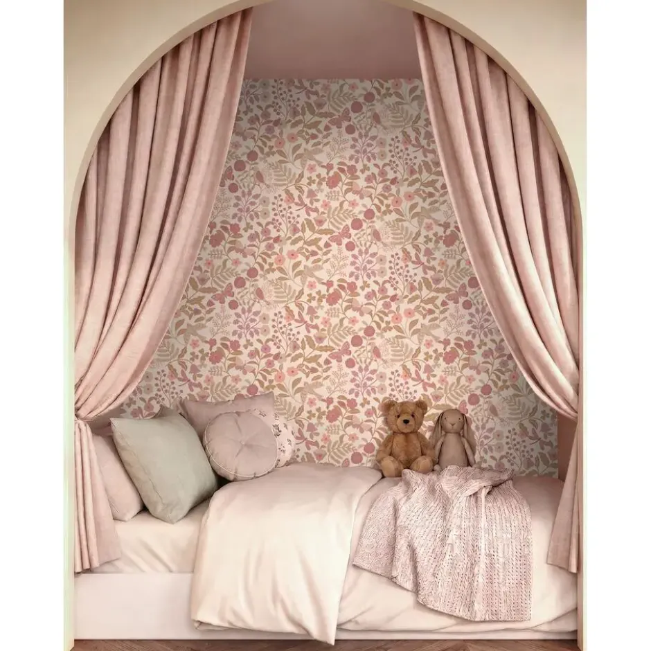 ESTAhome behang bloemen en vogels roze - 50 x 900 cm