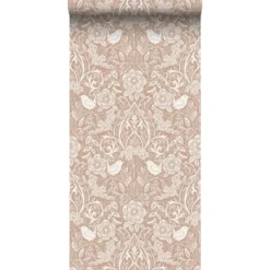 ESTAhome behang bloemen en vogels in art nouveau stijl nude kleur en wit