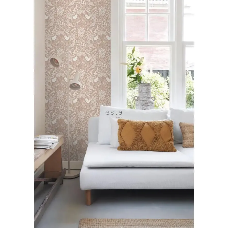 ESTAhome behang bloemen en vogels in art nouveau stijl nude kleur en wit