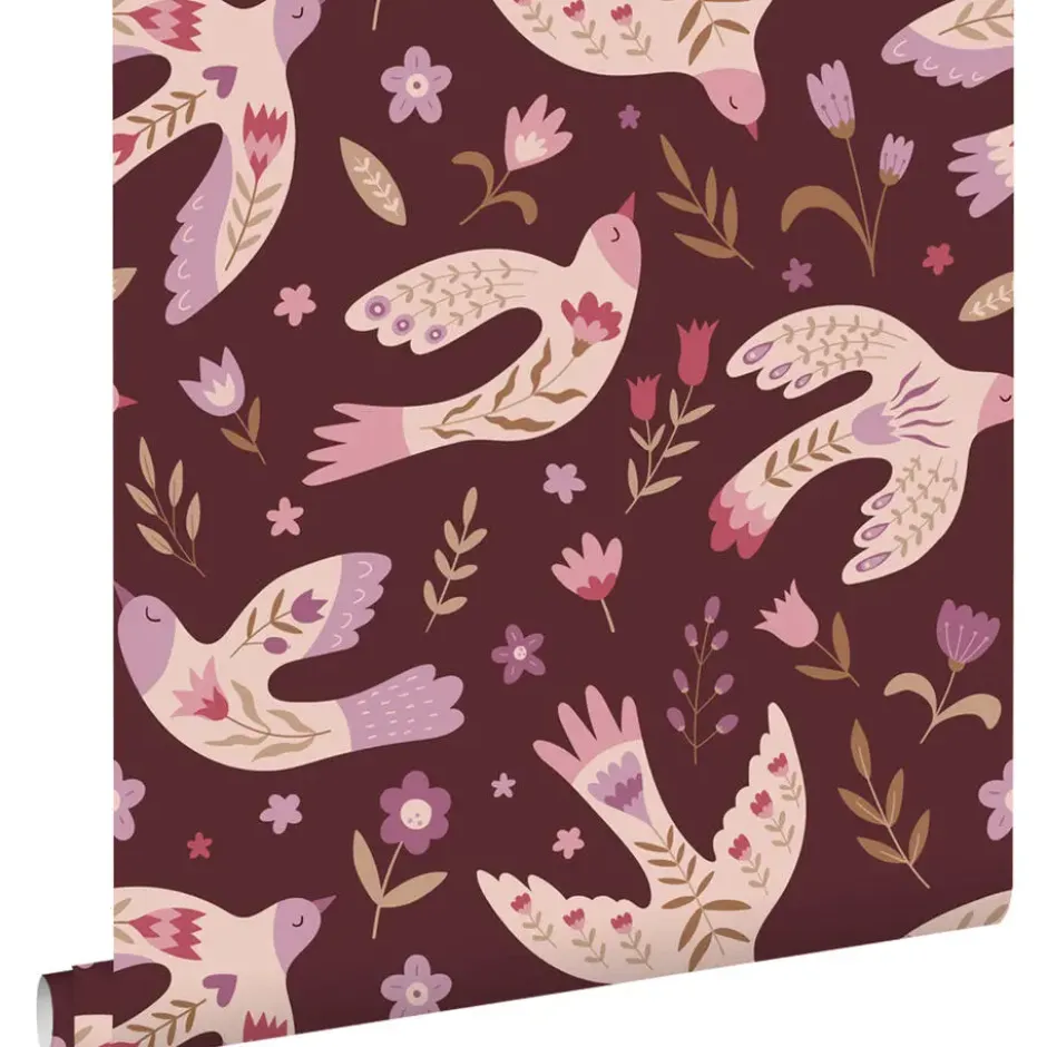 ESTAhome behang bloemen en vogels aubergine paars - 50 x 900 cm