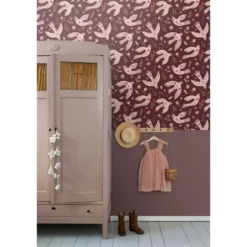 ESTAhome behang bloemen en vogels aubergine paars - 50 x 900 cm