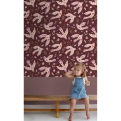 ESTAhome behang bloemen en vogels aubergine paars - 50 x 900 cm