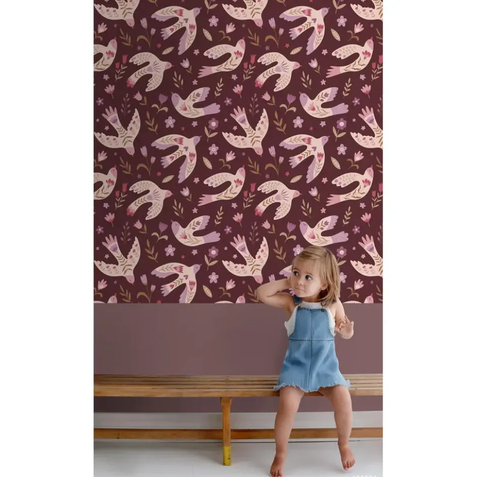 ESTAhome behang bloemen en vogels aubergine paars - 50 x 900 cm