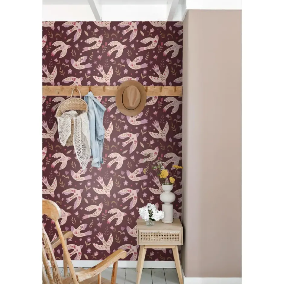 ESTAhome behang bloemen en vogels aubergine paars - 50 x 900 cm