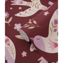 ESTAhome behang bloemen en vogels aubergine paars - 50 x 900 cm
