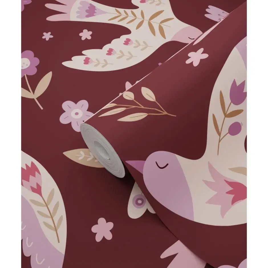 ESTAhome behang bloemen en vogels aubergine paars - 50 x 900 cm