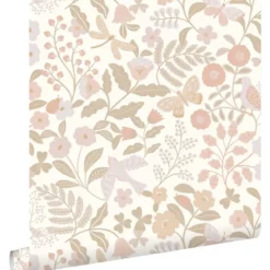ESTAhome behang bloemen en vogels wit, beige en zacht roze - 53 x 1005 cm