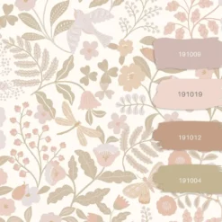 ESTAhome behang bloemen en vogels wit, beige en zacht roze - 53 x 1005 cm