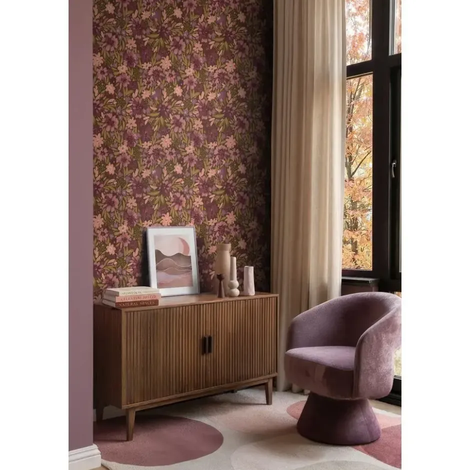 ESTAhome behang bloemen vergrijsd groen en paars - 50 x 900 cm