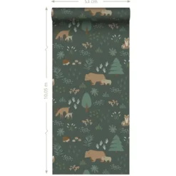 ESTAhome behang bos met bosdieren donkergroen - 53 x 1005 cm