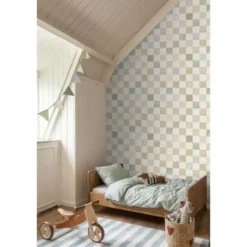 ESTAhome behang geblokt motief beige, blauw en groen - 50 x 900 cm