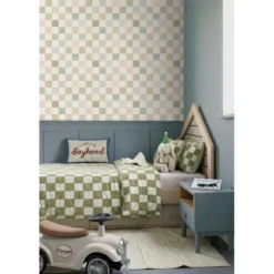 ESTAhome behang geblokt motief beige, blauw en groen - 50 x 900 cm