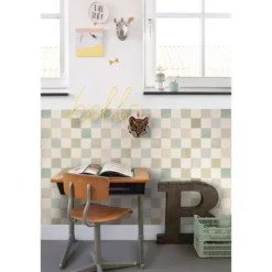 ESTAhome behang geblokt motief beige, blauw en groen - 50 x 900 cm