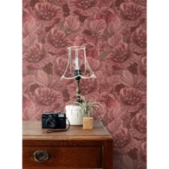 ESTAhome behang geborduurd bloemmotief bordeaux rood - 50 x 900 cm