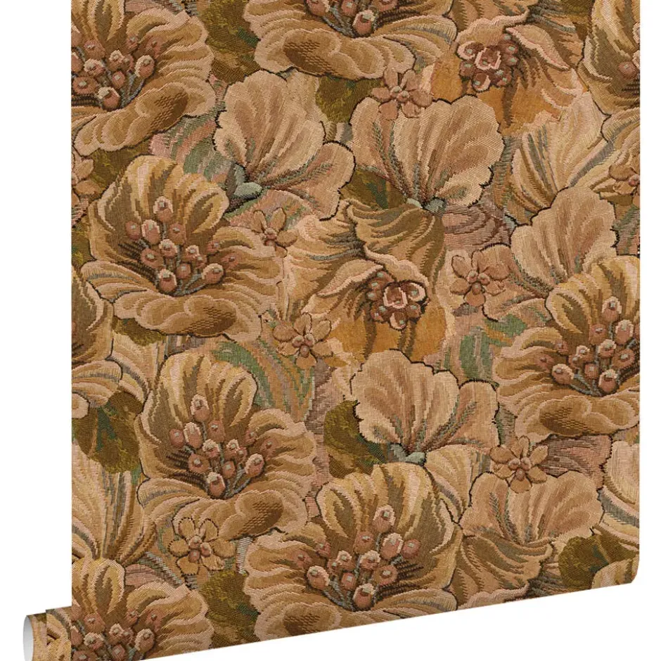 ESTAhome behang geborduurd bloemmotief beige bruin - 50 x 900 cm