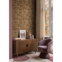 ESTAhome behang geborduurd bloemmotief beige bruin - 50 x 900 cm